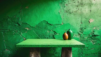 Poster - Green textured wall with cracked paint and simple table displaying two decorative vases in contrasting colors of green and orange.