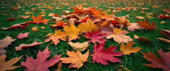 Poster - Colorful autumn leaves covering green grass in a park setting natural landscape close-up detail shot