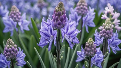 Poster - purple flowering plants in full bloom with green leaves in a garden setting natural light soft focus