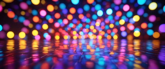 Poster - Colorful bokeh lights reflecting on a shiny surface creating a vibrant festive atmosphere in a dark background