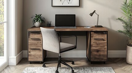 Poster - A tranquil and well designed home office workspace featuring a minimalist desk with a laptop computer a comfortable chair and a decorative potted plant creating a productive and calming environment