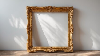 Poster - ornate vintage picture frame against a neutral wall with soft shadows and wooden surface below