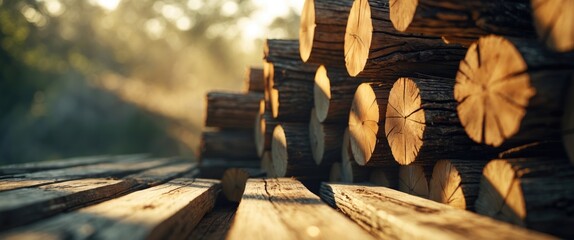 Poster - Wooden logs stacked on a rustic table in a forest setting with warm sunlight illuminating the scene and creating a natural atmosphere