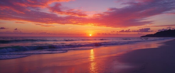 Poster - Colorful sunset over the ocean with waves washing onto a sandy beach and reflective water surface in the foreground.