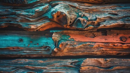 Poster - Textured wooden background with colorful weathered planks in shades of brown blue and orange natural rustic surface details