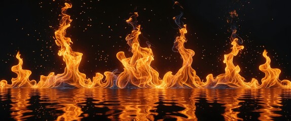 Poster - Flames reflecting on water surface with dark background creating a dynamic fire visual effect
