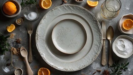 Poster - Elegant dining setup with fine china, utensils, and fresh citrus on textured tabletop for a sophisticated culinary experience.