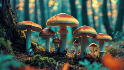 Wall Mural - mushroom cluster with orange caps in a forest setting with warm sunlight illuminating the scene surr