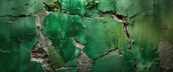Poster - Textured surface of an aged weathered green wall with cracks and peeling paint details