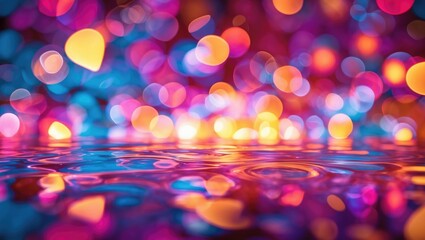 Poster - Colorful bokeh lights reflected on water surface creating a vibrant abstract background image