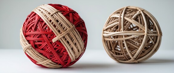 Poster - Decorative woven balls in red and natural colors on a neutral background showcasing craftsmanship and texture details
