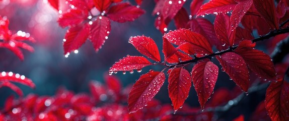 Poster - macro shot of vibrant red leaves with water droplets in a soft focus background showcasing nature's 
