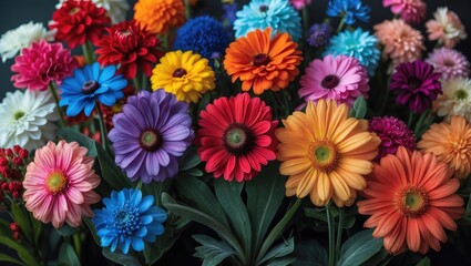Poster - Colorful bouquet of assorted blooming flowers with diverse petals and vibrant colors arranged artistically on a dark background