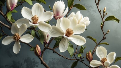 Poster - Magnolia flowers in full bloom with pink and white petals on a textured background showcasing nature's beauty and floral aesthetics.