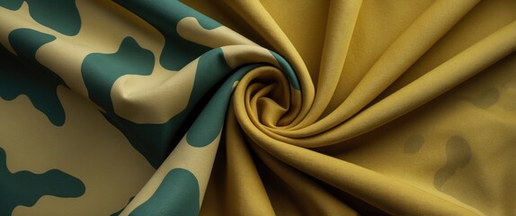 Poster - fabric close-up with swirling yellow and green camouflage patterns textile design for fashion and interior applications