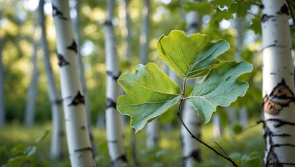 Poster - close-up of vibrant green fig leaf with blurred aspen trees in background during sunny day in forest