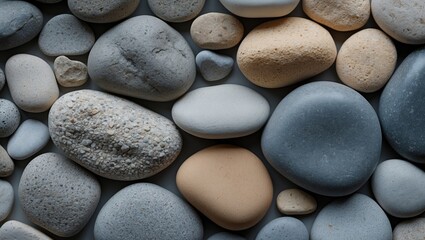 Poster - Smooth river stones in various shades of gray beige and white arranged closely on a flat surface creating a natural textured background.