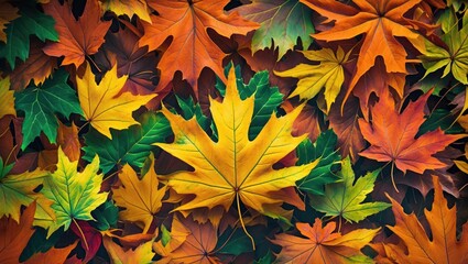 Poster - Colorful autumn leaves background in varied shapes and sizes with vibrant yellow, orange, and green hues on a dark surface