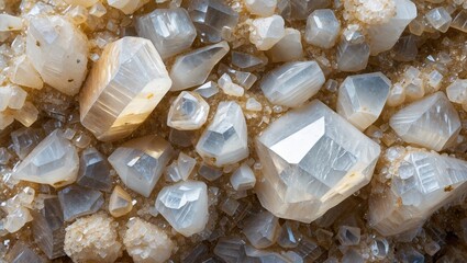 Poster - Close-up view of various mineral crystals showcasing their geometric shapes and reflective surfaces on a natural stone background
