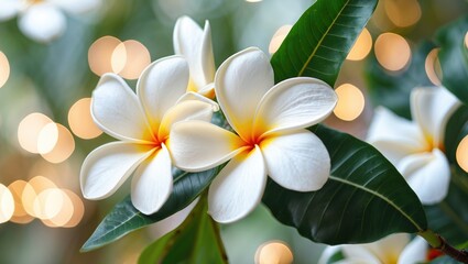Poster - White plumeria flowers with yellow centers surrounded by green leaves and soft blurred background bokeh in natural daylight