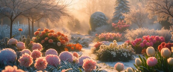 Wall Mural - Frosty garden landscape with colorful flowers and trees illuminated by soft morning light in a winter setting