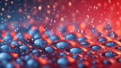 Poster - Abstract background with water droplets on a surface reflecting light in red and blue colors with a bokeh effect