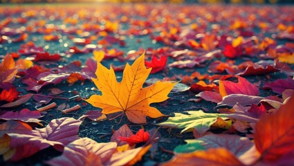Poster - Colorful autumn leaves covering the ground with a focus on a prominent yellow leaf in the foreground during sunset.
