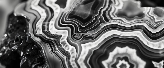 Poster - Black and white close-up of agate stone texture with intricate layered patterns and natural sheen