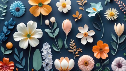 Poster - Colorful assortment of handcrafted flowers and leaves on a dark background showcasing various shapes and designs in a flat lay arrangement
