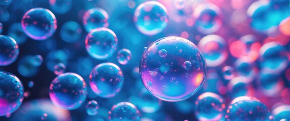 Poster - Colorful abstract bubbles floating in a vibrant background with blue and pink tones reflecting light and creating a dreamy atmosphere