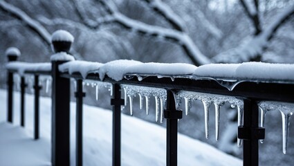Poster - Icicles hanging from a snow-covered black railing in a winter landscape with trees in the background