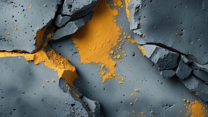 Poster - Cracked concrete texture with gray and orange paint splashes creating an abstract pattern on the surface