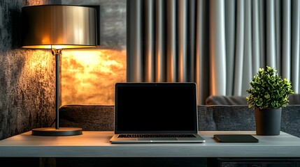 Poster - Cozy and Productive Minimalist Home Office Setup with Laptop Stylish Desk Lamp and Decorative Plant for Inspiring Work Environment