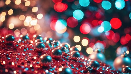 Poster - Christmas decorations with shiny silver baubles on red fabric and blurred multicolored bokeh lights in festive ambiance