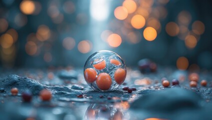 Poster - Glass sphere with orange and red beads on a textured surface with blurred colorful bokeh background and soft lighting effects.