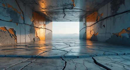 Poster - Interior view of an abandoned concrete structure with cracked floor and walls illuminated by natural light coming through the opening.
