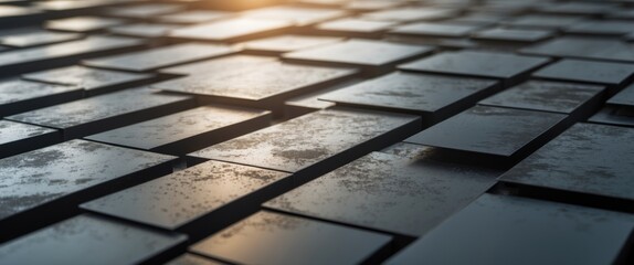 Poster - Textured surface of weathered metallic tiles arranged in a grid pattern reflecting warm sunlight during golden hour
