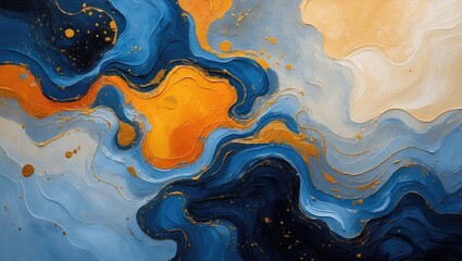 Poster - Abstract fluid art with swirling patterns in blue, orange, and gold tones, creating a dynamic and vibrant composition.