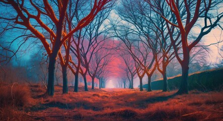 Poster - Pathway through barren trees with vibrant colors and soft light illuminating the distance in a serene landscape setting