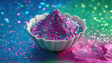 Poster - Colorful glitter pile in a dish on a vibrant sparkling background of blue and green hues with scattered sequins and reflective particles