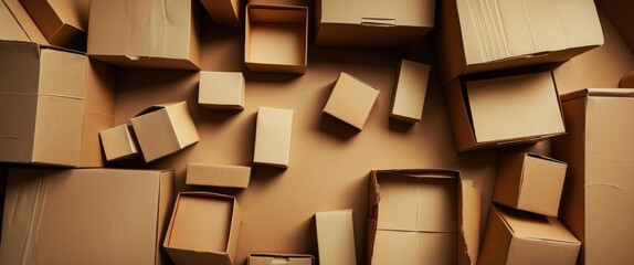 Poster - Cardboard boxes of various sizes arranged on a surface with a neutral background viewed from above