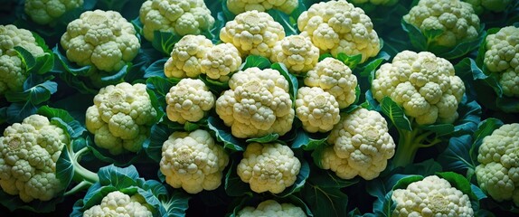 Wall Mural - Cauliflower harvest showcasing fresh vegetables with vibrant textures and colors on lush green leaves in a natural setting.