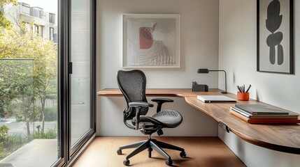 Poster - Tidy and Organized Minimalist Home Office featuring a Wooden Desk Ergonomic Swivel Chair and Sleek Decor Elements for a Productive and Comfortable Workspace