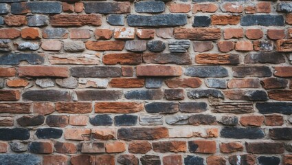 Poster - Textured brick wall with a mixture of reddish and gray stones arranged in an irregular pattern and weathered appearance