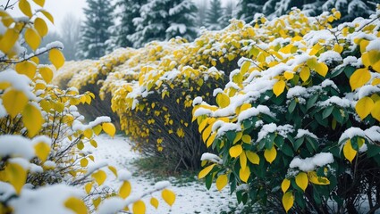 Wall Mural - Snow-covered bushes displaying vibrant yellow and green leaves, highlighting the beauty of winter's first snowfall in a tranquil landscape.