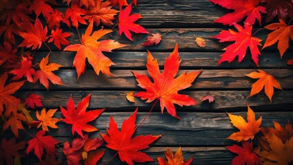Poster - colorful autumn leaves on wooden background with warm tones and textures creating a natural seasonal