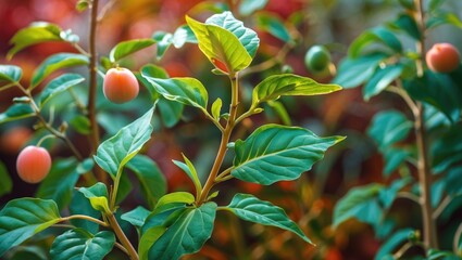 Poster - lush green plant with glossy leaves and soft pink fruit against a blurred vibrant background