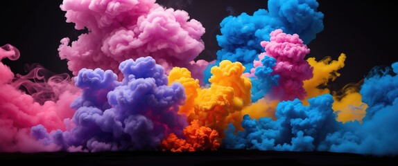 Poster - Colorful smoke clouds in multiple hues of pink blue purple orange and yellow against a dark background creating a vibrant visual effect