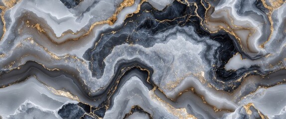 Poster - Black and white agate stone texture with golden veins in abstract wave pattern for interior design and backgrounds