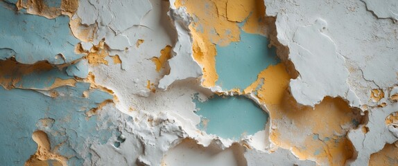 Poster - Textured wall with peeling paint in shades of blue, orange, and white displaying layers and weathered patterns.
